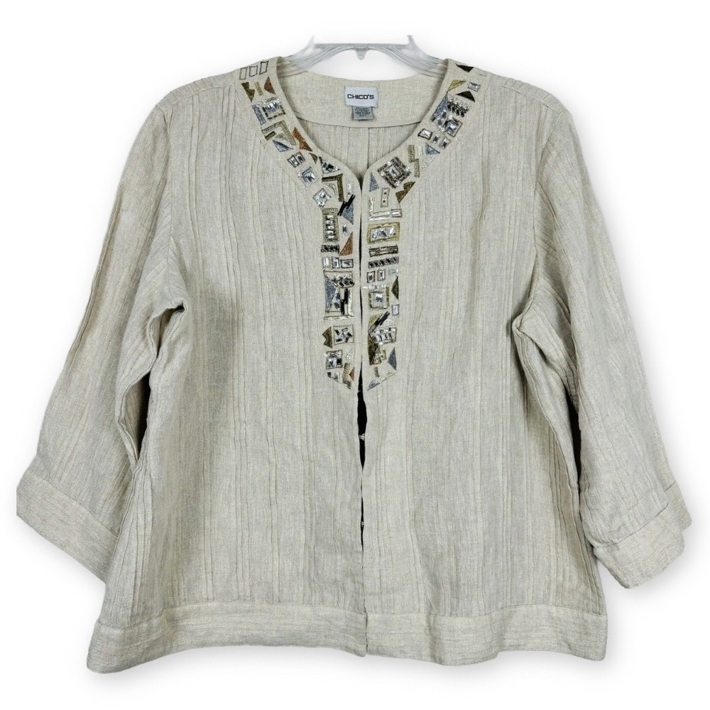 Chicos Linen Beige Beaded Jacket Size 3 XL Embellished Open Front Cardigan